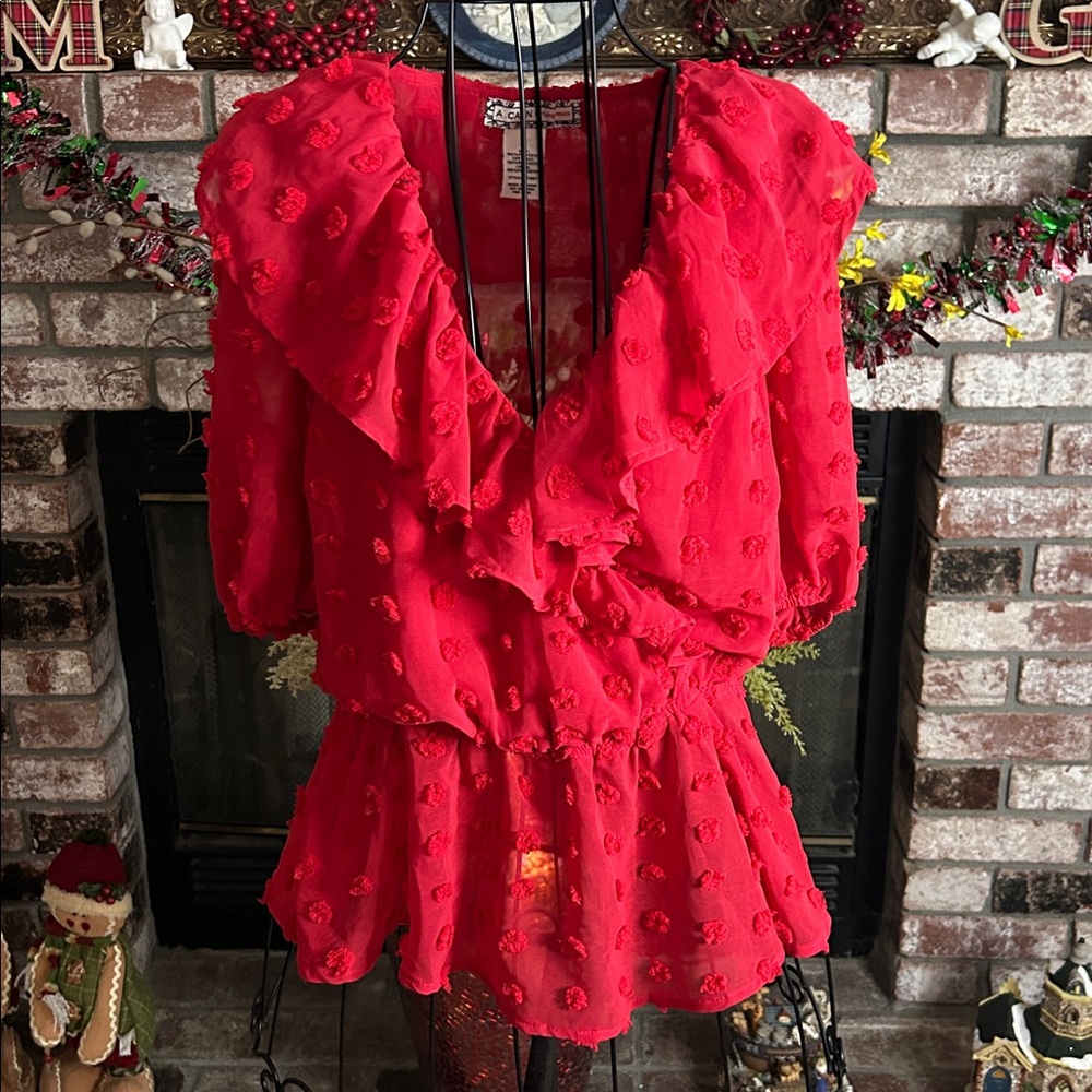 A-Calin By Flying Tomato puff sleeve Ruffle V-Neck Red Small Blouse Sz S